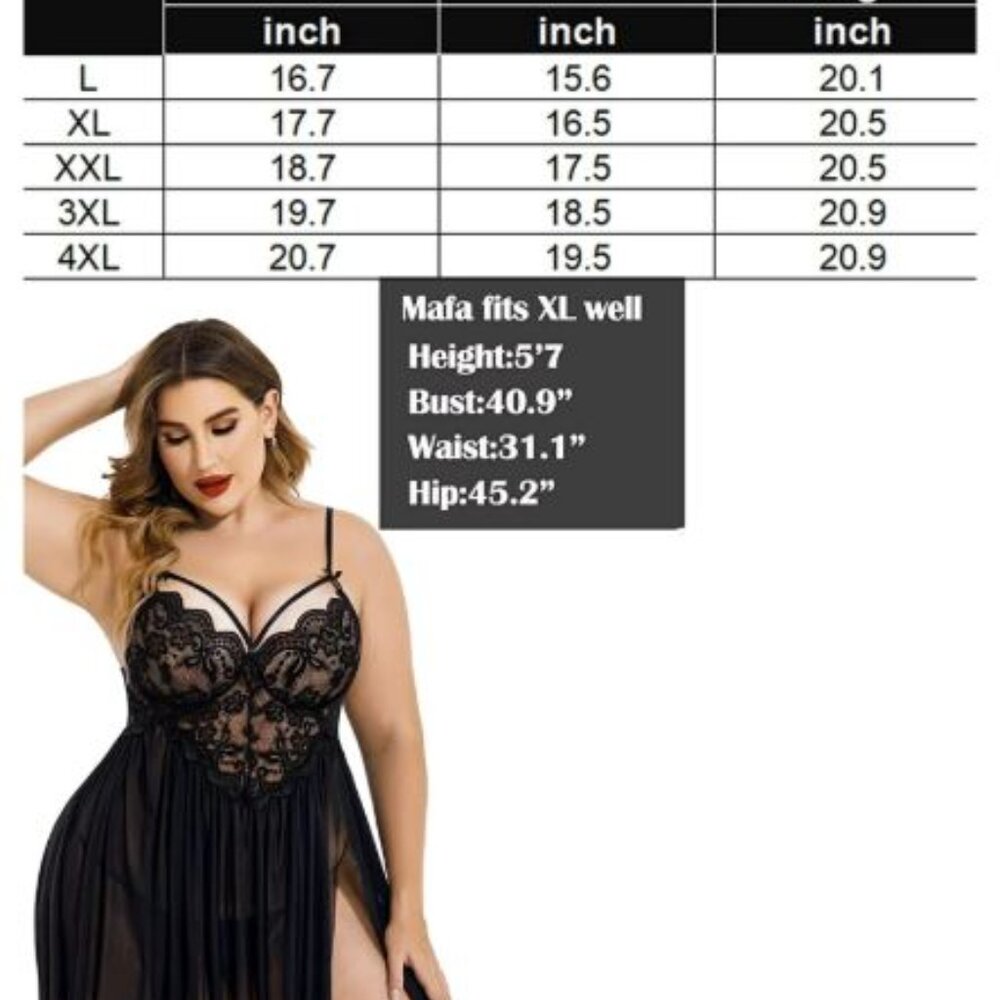 2pc Womens Plus Size Lace Babydoll Lingerie Strappy Chemise Nightie- Red - Picture 2 of 9